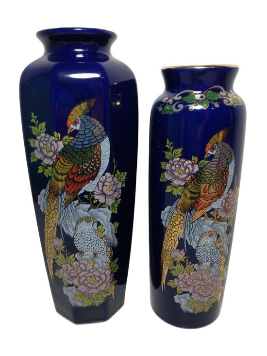 Other - Vtg Cobalt Blue Vase with Pheasant Gold Accents Lot of 2 Japan Signed